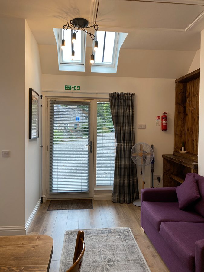 Interior looking towards the glazed garden doors, with a plum armchair, rug and roof light above