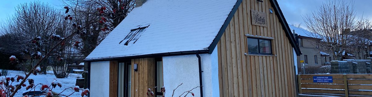 The cottage under snow, with the slate roof and larch cladding dusted white